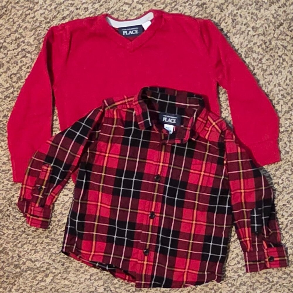 Toddler Boy Red Sweater & Plaid Button Up Shirt Set size 18-24 months